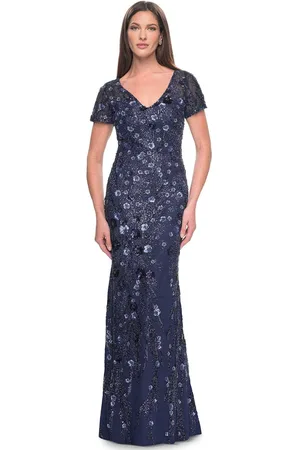 La Femme 31779 - V-Neck Sparkling Floral Embellished Evening Dress