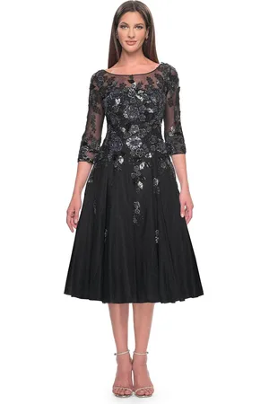 La Femme 31017 - Floral Pattern Quarter Sleeve Knee-Length Dress