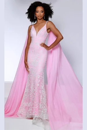 Johnathan Kayne 2826 - Long Cape Embroidered Prom Dress