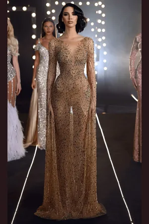 Chic And Holland HF110165 - Illusion Bateau Beaded Gown
