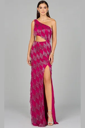 Lara Dresses 9940 - One-Sleeve Beaded Fringes Embellished Prom Dress