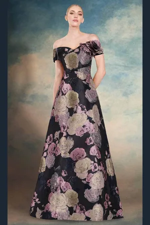 Janique 10621 - Floral Print Off Shoulder A-Line Gown