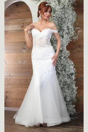 May Queen RQ8086 - Off Shoulder Lace Appliqued Evening Gown