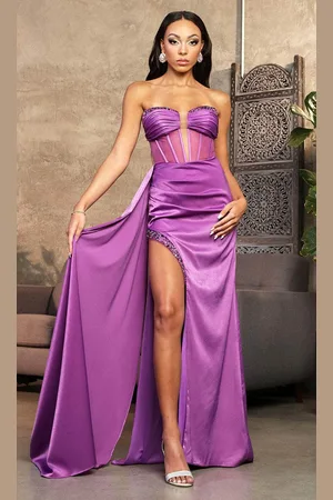 May Queen MQ2039 - Plunging Corset Prom Dress