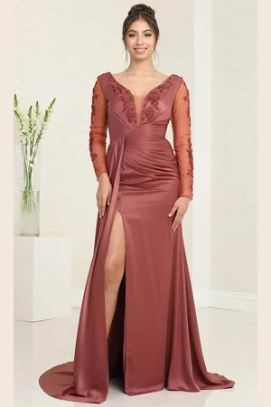 May Queen MQ2008 - Long Sleeve Draped Evening Dress