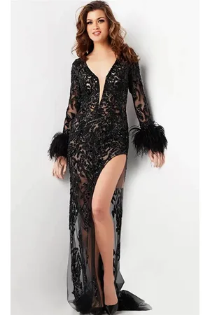 JOVANI 09881 - Beaded Plunging V-Neck Evening Dress