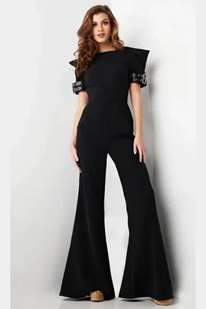 JOVANI 36692 - Belt-Like Detailed Short Sleeve Jumpsuit