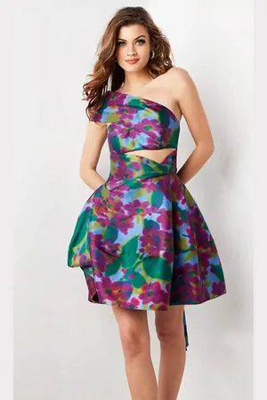 JOVANI 34408 - One-Sleeve Cut-Out Detailed Cocktail Dress