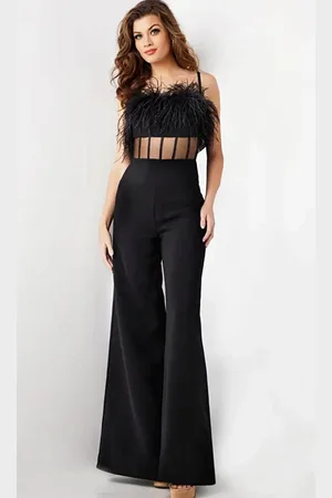 JOVANI 24144 - Sleeveless Feather Detailed Jumpsuit
