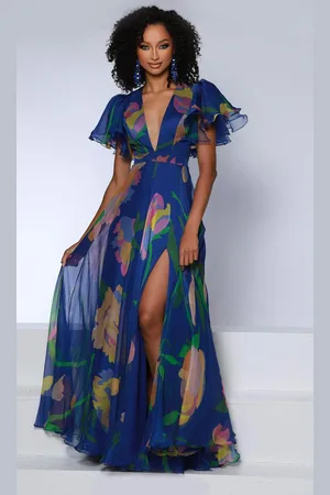 Johnathan Kayne DPO1 - Flutter Sleeve Silk Evening Gown
