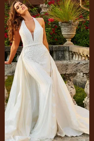 Jovani Bridal JB07451 - Halter Bridal Gown with Overskirt