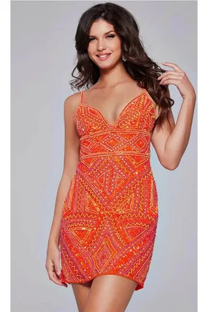 JOVANI 39790 - Geometric Beaded V-Neck Cocktail Dress