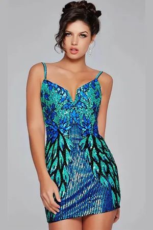 JOVANI 39907 - Embellished Deep V-Neck Cocktail Dress