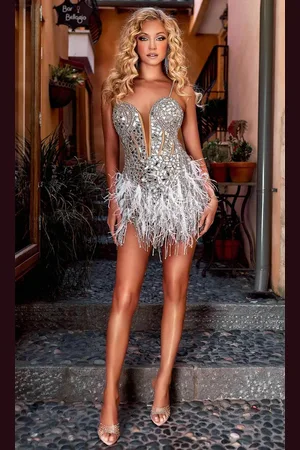 Portia and Scarlett PS23551C - Plunging Fringed Homecoming Dress