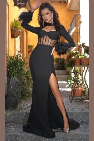 Portia and Scarlett PS24416 - High Neck Feathered Cuff Prom Dress