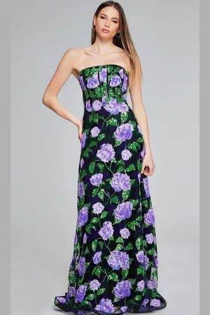 JOVANI 39116 - Floral Sequin Straight Across Evening Gown