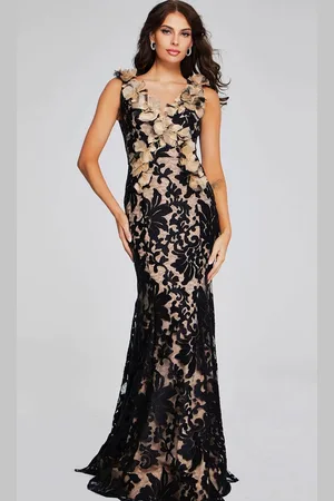 JOVANI 38497 - Floral Appliqued Sleeveless Evening Gown