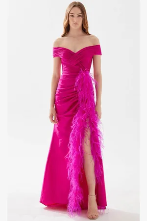 TARIK EDIZ 52112 - Ruched and Feathered Evening Gown
