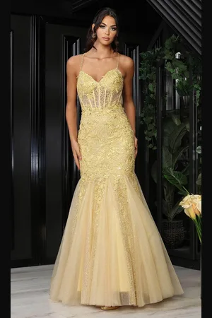 May Queen RQ8059 - Criss-Cross Back Mermaid Prom Gown