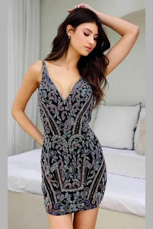 Primavera Couture 4238 - Beaded Plunging V-Neck Cocktail Dress