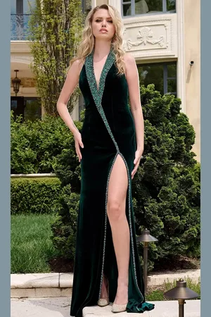 JOVANI 40119 - Plunging Halter Velvet Evening Gown