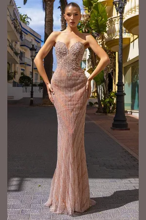Chic And Holland HF110327 - Beaded Appliqued Fitted Evening Dress