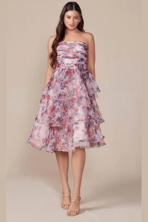 Nox Anabel Q842 - Strapless Floral Printed Knee-Length Dress