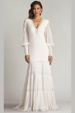 Tadashi Shoji YV21070L - V-Neck Bishop Sleeve Evening Gown