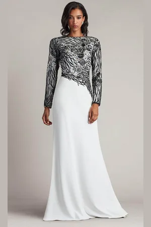 Tadashi Shoji CDU16206LXY - Long Sleeve Sea-Motif Evening Gown