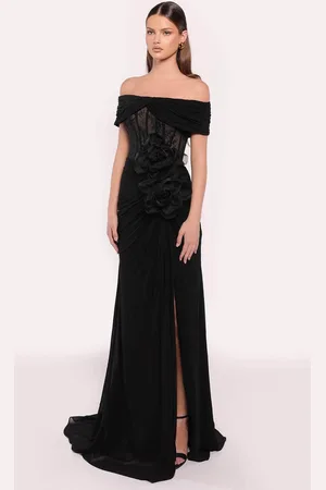 TARIK EDIZ 98815 - Floral Applique Gown with Slit