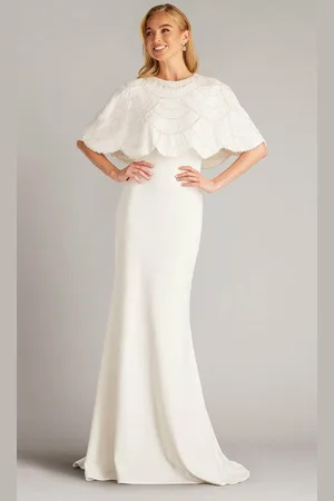 Tadashi Shoji CFK24427LBR - Cape Sleeve Pearl Embellished Bridal Gown