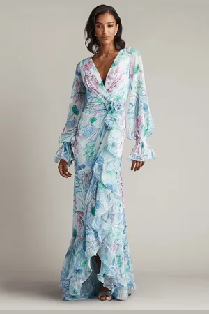 Tadashi Shoji CFL24404L - Printed Bishop Sleeve Long Gown