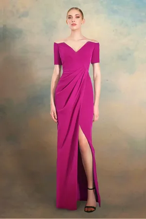 Janique 33107 - Off Shoulder Draped Column Prom Gown