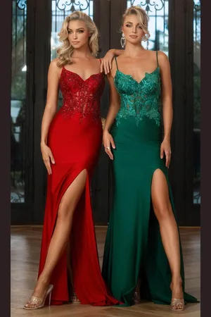 Portia and Scarlett PS25157 - Beaded Appliqued High Slit Prom Gown