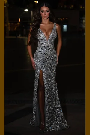 Portia and Scarlett PS25461C - Cut Glass Embellished V-Neck Prom Gown