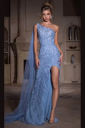 Portia and Scarlett PS25298 - Glitter Lace One-Shoulder Prom Gown
