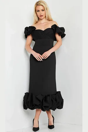 JOVANI 24535 - Sweetheart Off-Shoulder Tea-Length Dress