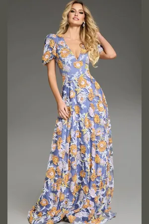 JOVANI 39273 - Floral Embroidered Puff Sleeve Prom Gown