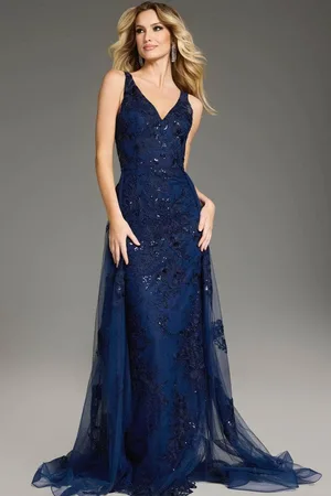 JOVANI 37600 - Floral Applique V-Shaped Back Evening Gown