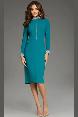 JOVANI 40910 - Long sleeve Beaded Cuff Knee-Length Dress