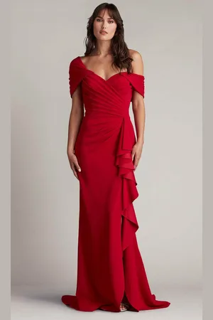 Tadashi Shoji BOS24107L - Off-Shoulder Pleated Sheath Evening Dress