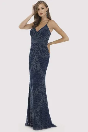 Lara Dresses 29904 Beaded Plunging V-neck Fitted Dress
