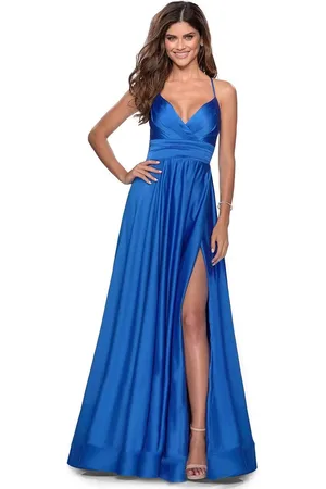La Femme 28571 Satin Deep V-neck A-line Gown