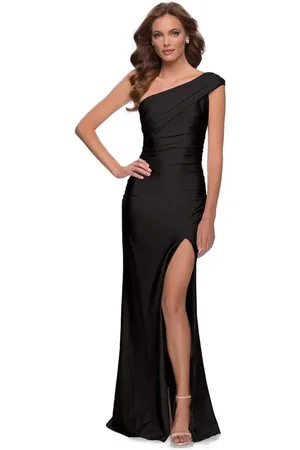 La Femme 29619 One Shoulder High Slit Modest Prom Jersey Gown