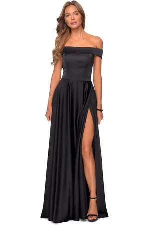 La Femme 28978 Satin Off-Shoulder A-line Modest Prom Gown