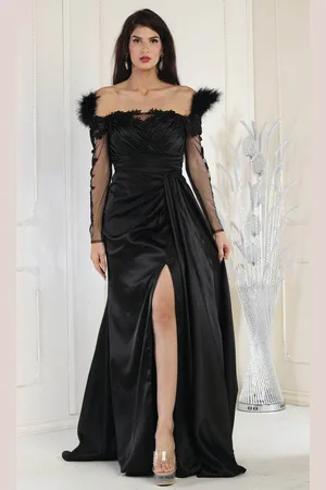 May Queen RQ8002 - Off-Shoulder Feather Detail Evening Dress