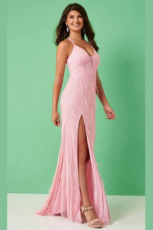 Rachel Allan 70295 - V-Neck Feather Detailed Prom Dress