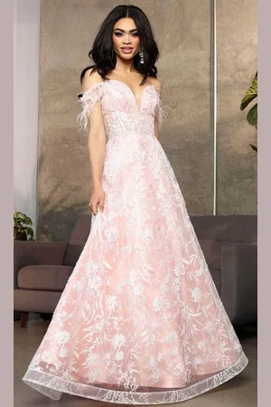 May Queen RQ8070 - Feathered Sleeve Embroidered Prom Gown