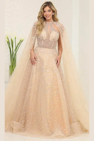 May Queen RQ8133 - Cape High Neck Evening Dress
