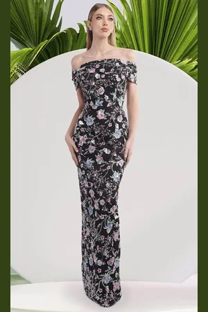 Janique 2444 - Floral Print Sheath Long Dress